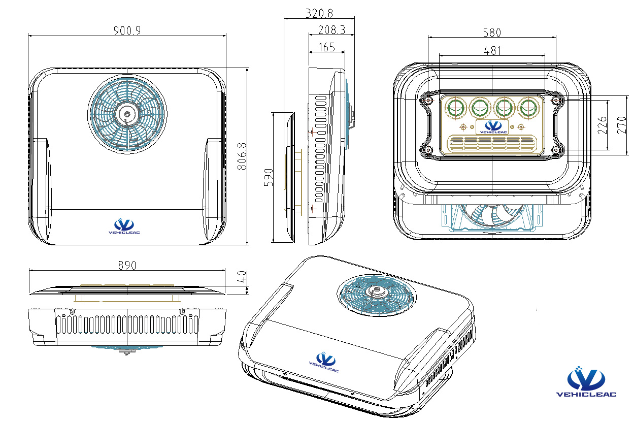 Dimensional Drawing of DC 12V 24V Air Conditioning V-Cool 26, Truck Parking A/C, rooftop truck air conditioner